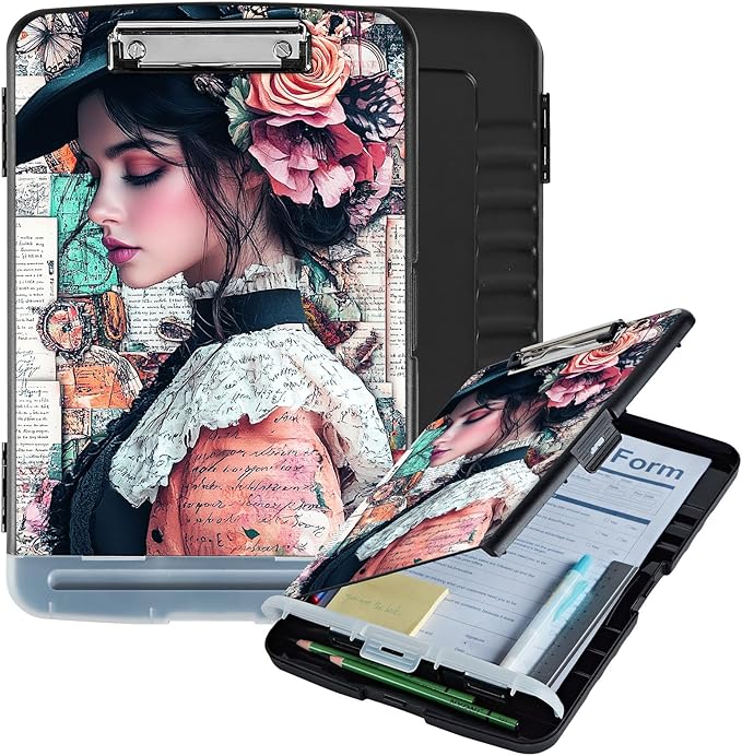 Clipboard with Storage Box & Pen Holder,Heavy Duty Clip Boards 8.5x11 for Nursing,High Capacity,School & Office Supplies,Vintage Floral