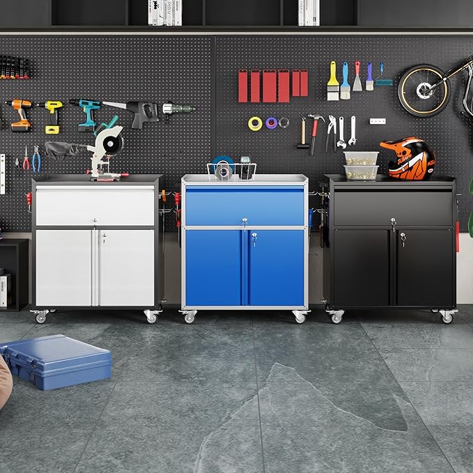 Aobabo Metal Cabinet on Wheels, Metal Garage Cabinet with 1 Drawer and 4 Hooks, Small Rolling Tool Storage with Pegboard and Handle, Assembly Required, Black