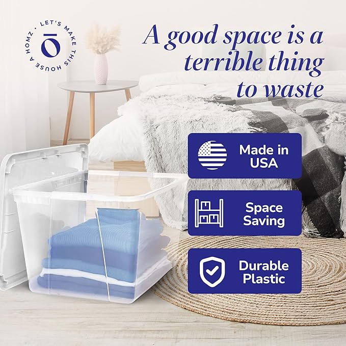 HOMZ 4-Pack Snaplock, Large Clear Plastic Storage Organizer Bins w/Lids, 56 Quart, White - Stackable Container Boxes for Bedroom, Bathroom, Garage, and Office Organization