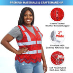 Lace-Mesh Safety Vest for Women & Men - Breathable, High Visibility Vest with Zipper & ANSI Class 2 Reflective Strips