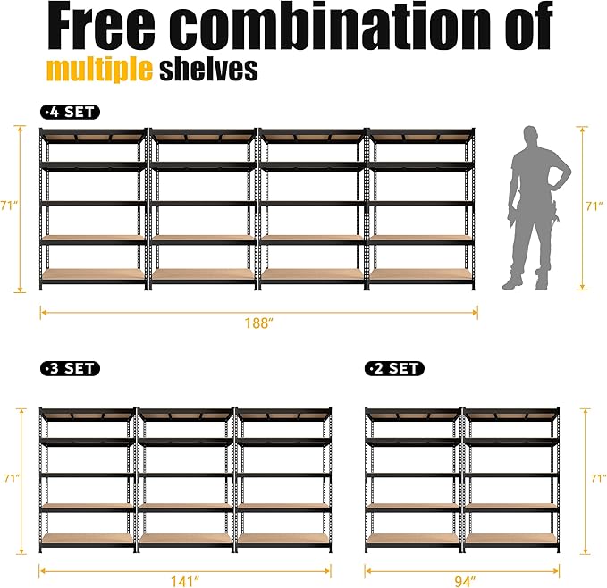 PrimeZone 2 Pack Heavy Duty Adjustable 5 Tier Garage Storage Shelves - 47" W x 18" D x 71" H, Metal Utility Rack Shelf Unit for Warehouse, Pantry, Closet, Kitchen, Black