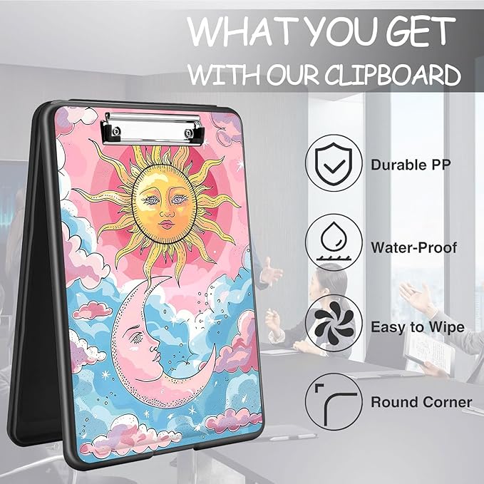 Clipboard with Storage, High Capacity Plastic Storage Clipboard with Pen Holder for for Women Teachers Work, School & Office Supplies, Cute Pattern Decorative Clipboards, Sun and Moon