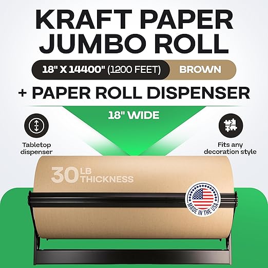 Brown Kraft Paper Jumbo Roll 18" x 14400" (1200 ft) with Dispenser – USA-Made Natural Kraft Paper 30lb Thickness for Packing, Wrapping, Void Filling, Kids' Arts, DIY & School Projects by IDL Packaging