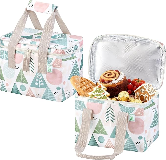 VENO 2 Pack Christmas Insulated Lunch Bag for Women Men, Reusable Lunch Box Grocery Shopping Bag Small Cooler with Handles Zippers for Work Office Picnic Beach (Pastel Forest)