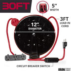 IRON FORGE CABLE 30Ft Retractable Extension Cord Reel with Breaker Switch & 3 Electrical Power Outlets - 16/3 SJTW Durable Red Cable - Perfect for Hanging from Your Garage Ceiling