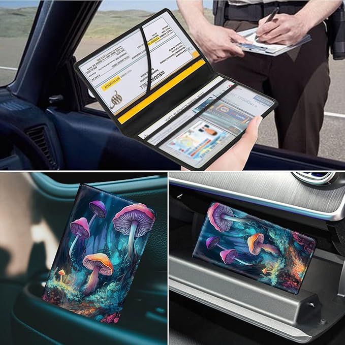 Car Registration and Insurance Holder, Leather Car Glove Box Organizer, Cool Car Accessories for ID, Driver's License Cards & Essential Document,business cards,Men&Women,Glitter Mushroom