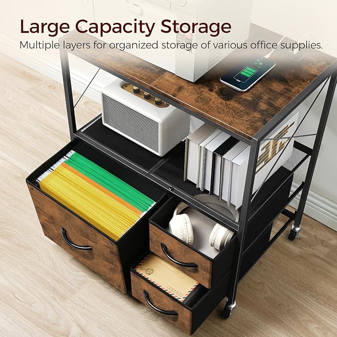 File Cabinet with Charging Station, 3 Drawer Lateral Filing Cabinet for Home Office, Mobile Printer Stand with Open Shelf, Fits A4/Letter Size File, Nonwovens Drawer, Rustic Brown FCHR98E01