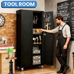 Garage Metal Storage Cabinet with Pegboard, 71'' Tall Storage Cabinet with Adjustable Shelves and Doors, Rolling Tool Cabinet on Wheels for Garage, Utility Room (Black)