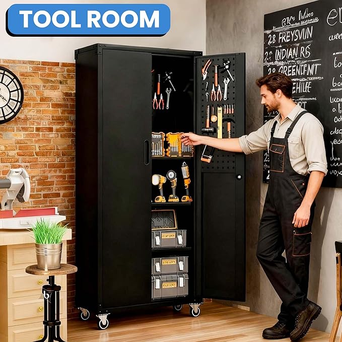 Garage Metal Storage Cabinet with Pegboard, 71'' Tall Storage Cabinet with Adjustable Shelves and Doors, Rolling Tool Cabinet on Wheels for Garage, Utility Room (Black)