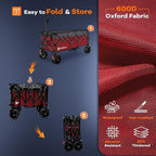 48" L Folding Beach Wagon Cart Foldable, 560lbs Weight Capacity 300L Heavy Duty Collapsible Wagons with Big All-Terrain Wheels, Utility Carts for Groceries, Shopping, Camping, Sports - Grey&Red