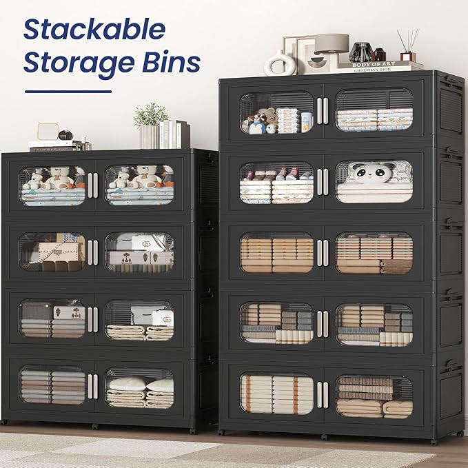 250Gal Exra Large Stackable Storage Bins with Lid, 1000QT Collapsible Storage Box with 6x Wheels, Folding Plastic Cabinet Container with Door Drawer for Home Kitchen Office Dorm, 5Pack Black
