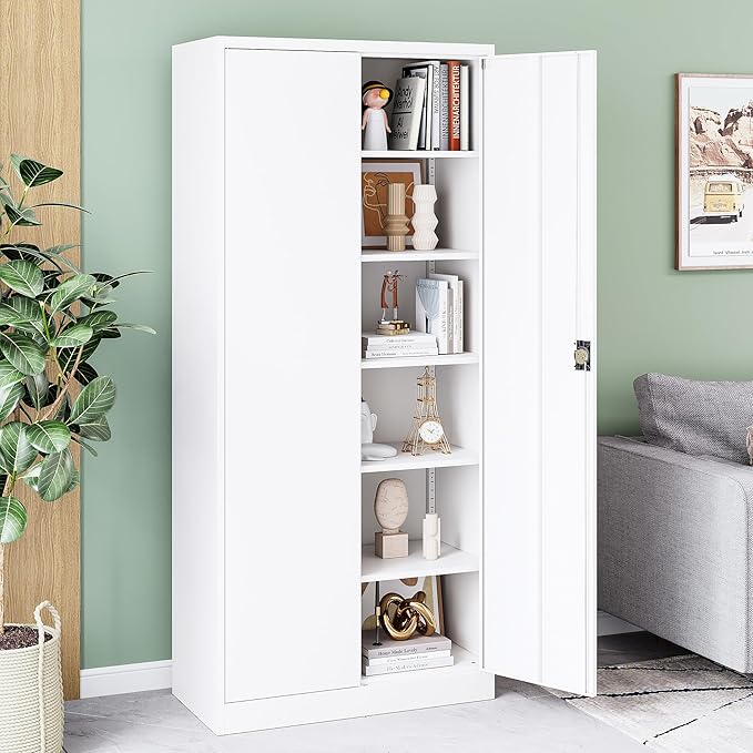 Metal Cabinet,71" Lockable Storage Cabinet with 2 Doors and 5 Adjustable Shelves,Tall Steel Cabinets for Garage,Home Office,Basement,School,Hospital(White)