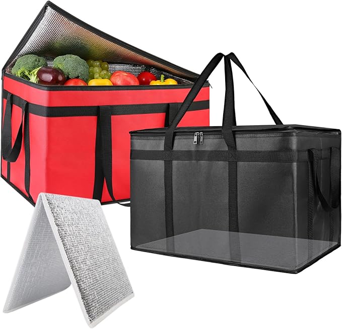 2PK XXXL Insulated Food Delivery Bag with Baseboard — Large Capacity Bag Keeps Food Hot/Cold, Reusable Thermal Cooler Grocery Bags for Catering & Delivery, Pizza Carrier for Events, Travel, Commercial