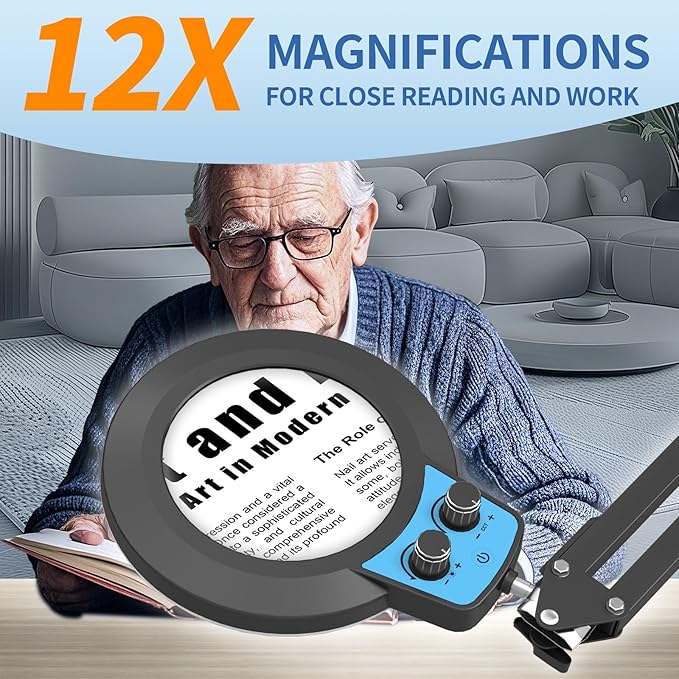 HITTI 12X Long Magnifying Glass with Light, 2025 Upgrade Infinite Color and Brightness LED Magnifying Lamp with Clamp, Hands Free Magnifier Light and Stand for Workbench Crafts Reading Painting - Blue