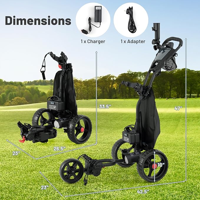 Tangkula Electric Golf Push Cart, Foldable 3 Wheels Golf Cart with Adjustable Handle & 9 Speed Settings, 18 Hole Battery, Umbrella Holder, Drink Holder, Scorecard Holder, Cooler Bag & USB Port, Black