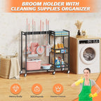 Broom and Mop Holder, MUNNAR Broom Storage Holder with Cleaning Supplies Organizer, 2-in-1 Broom Mop and Cleaning Supplies Storage Cleaning Cart, Cleaning Cart with Wheels for Housekeeping