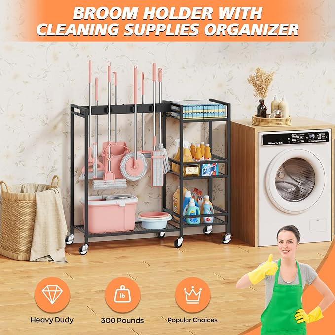 Broom and Mop Holder, MUNNAR Broom Storage Holder with Cleaning Supplies Organizer, 2-in-1 Broom Mop and Cleaning Supplies Storage Cleaning Cart, Cleaning Cart with Wheels for Housekeeping