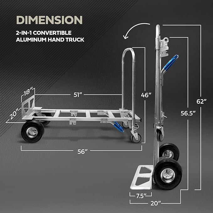 Olympia Tools 2-in-1 Aluminum Convertible Hand Truck - Industrial Heavy Duty Appliance Dolly 4-Wheel Platform Cart - Up to 770 LBS Loading Capacity Mobility Moving Dolly - 2 Positions, 62" Height