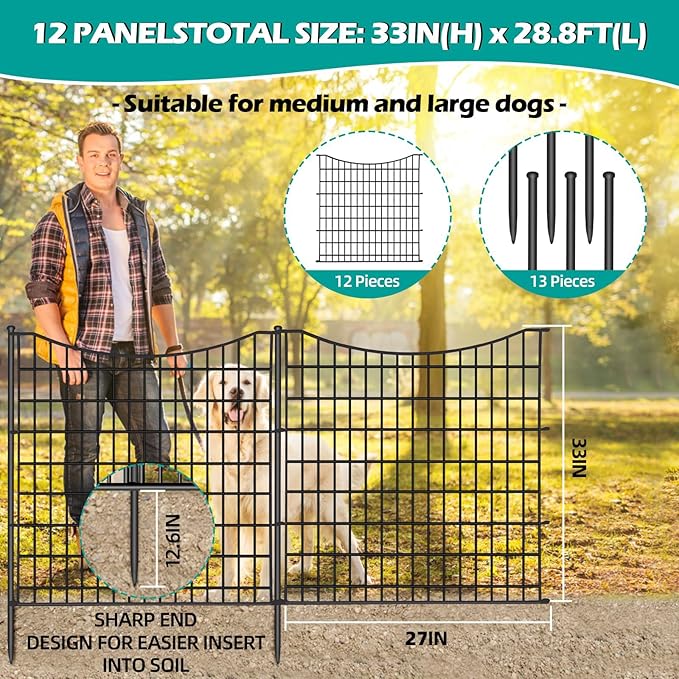 12 Panels No Dig Decorative Garden Fence, 33 in(H) X 27 ft(L) Garden Fencing Animal Barrier, Dogs Rabbits Pets Blocker, Rustproof Metal Decorative Fences for Yard, Outdoor, Patio