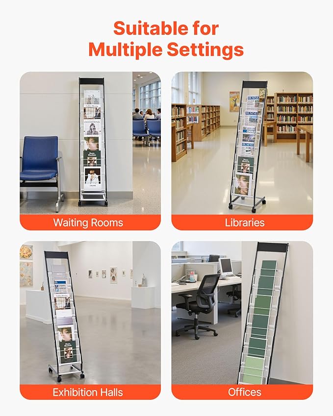 VEVOR Brochure Display Rack, Narrow 6-Tier Magazine Literature Display Stand with Wheels, Metal Floor Standing Magazine Rack, Movable Newspaper Catalog Holders for Shop Exhibitions Office (6 Pockets)