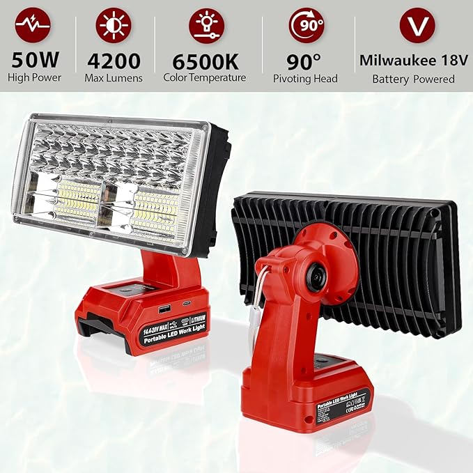 50W 4200LM Cordless LED Work Light for Milwaukee M18 18V Battery Portable Flood Lights for Outdoor Indoor Workshop Job Site, Floodlight & Spotlight Modes/Pivoting Head/USB Port(No Battery)
