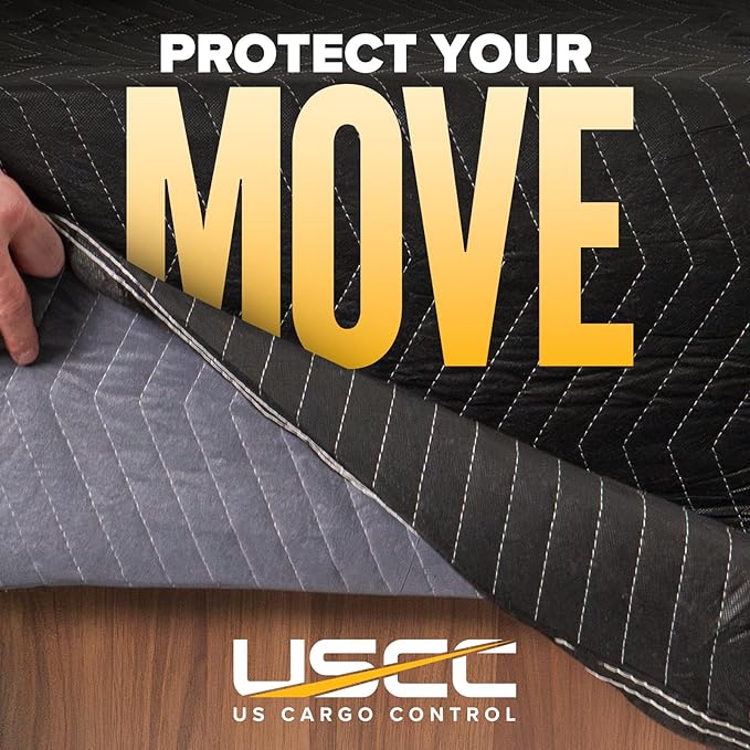 US Cargo Control Moving Blankets 72"x80" 4-Pack, (65 lbs/doz weight), Heavy Duty Packing Blankets for Moving Furniture, Shipping, and Storage, Black Quilted Furniture Pads, MBDELUXE Econo Deluxe