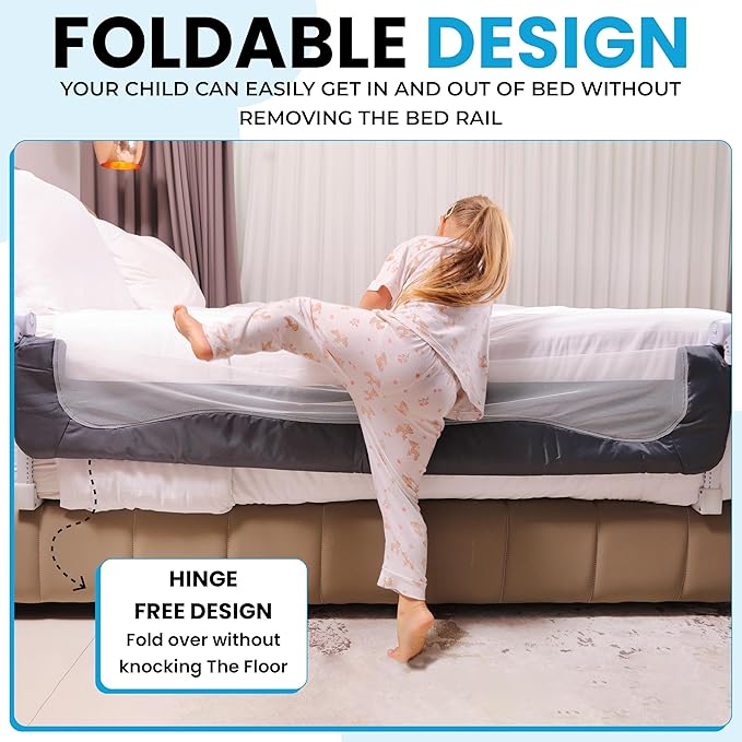 TotCraft Flexguard Height & Length Adjustable Bed Rail for Toddlers – Fits Twin, Full, Queen & King Beds – 35.5″ or 59″ Two Fixed Lengths – 14 Height Levels – ASTM Certified Kids Safety Guard (Grey)