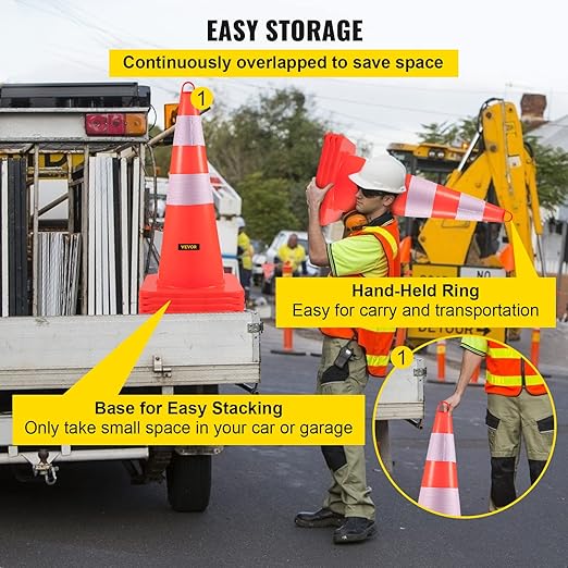 VEVOR Safety Cones, 6 x 28" Traffic Cones, PVC Orange Construction Cones, 2 Reflective Collars Traffic Cones with Weighted Base and Hand-Held Ring Used for Traffic Control, Driveway Road Parking