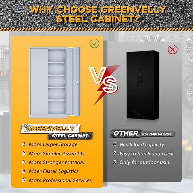 Greenvelly Metal Garage Storage Cabinet with 2 Doors and 4 Adjustable Shelves, 72”H Steel Lockable Storage Cabinet,Tall Metal Cabinet Locking File Cabinet for Office,Home, Garage, Gym, School