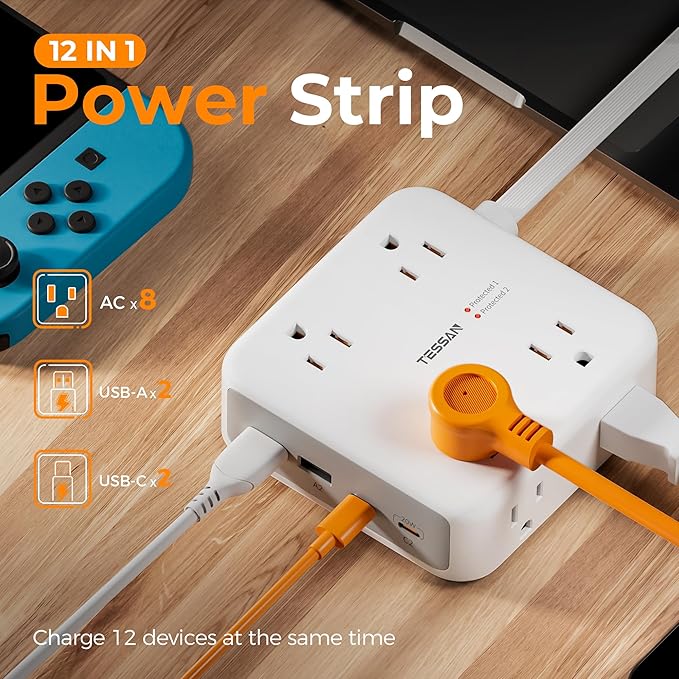 TESSAN Surge Protector Power Strip, 5 Ft Extension Cord Flat Wall Plug with 4 USB (2 USB C) 8 Outlets, 2100J Dual Surge Protection, 20W Multiple Charging Station for Home, Office, College, Dorm Room