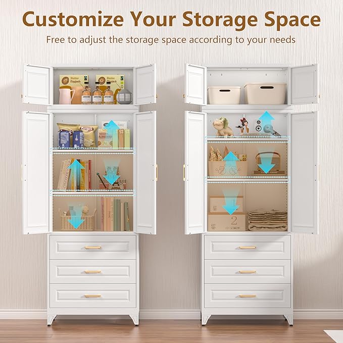Kitchen Pantry Cabinet, Tall Storage Cabinets with Three Drawers, 90" H Metal Cabinet with Shelves, Freestanding Cupboard for Dining, Living Room, White, 16" D x 32" W x 90" H,Assembly Required