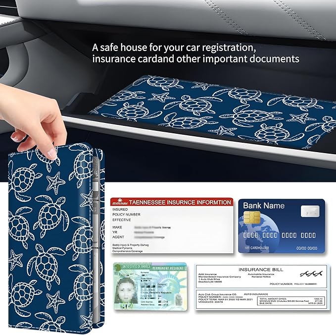 Premium Car Registration and Insurance Card Holder, Cute PU Leather Car Document Holder, Vehicle Glove Box Car Organizer with Magnetic Closure for Driver License, Cards Navy Turtle Starfish