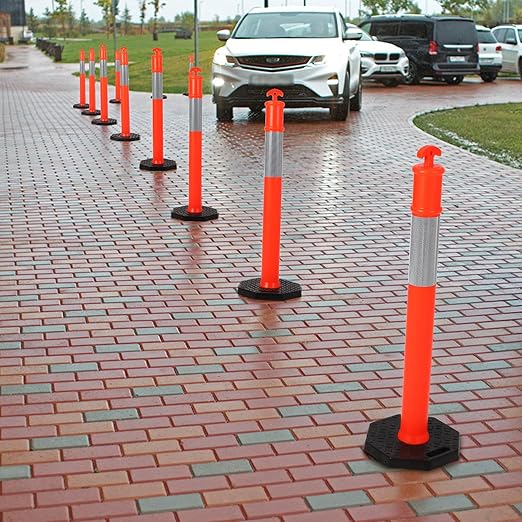 Delineator Post with Base 6 Pack, PeakPursuit 45 Inch Portable Orange Traffic Delineator Posts Cones with Reflective Collars for Driving Practice and Construction Work