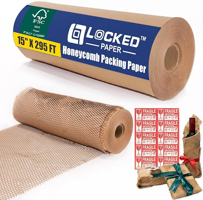 Honeycomb Packing Paper Roll 15" x 295 FT with Fragile Stickers– Biodegradable Cushioning Wrap for Moving, Shipping & Gift Wrapping – 100% Recyclable, FSC Certified Eco-Friendly Packaging