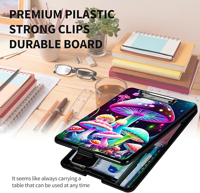 A4 Clipboards,Heavy Duty Waterproof Nursing Plastic Folder Clipboard with Storage Clip Boards,File Folder Storage Box Clipboard Case for Teacher,Doctor,Offices,Pretty Mushroom