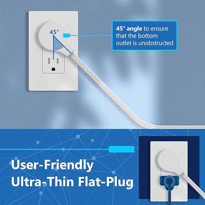 LIDER Outlet Extender with 6 Receptacles, USB-A and 2 USB-C, Ultra-Thin Flat-Plug with Cord Extender, 6-Outlet Power Strip, Slim Angled Design, Surge Protector, 1500 Joules, 5ft Cord, UL-Listed, White