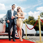 Ferraycle 4 Pcs Stainless Steel Stanchions Post Queue 38 Inch, 5 ft Velvet Carpet Ropes and Pole, Control Barriers for Wedding Birthday Party Decoration Sand Injection Hollow Base Set (Glitter Gold)