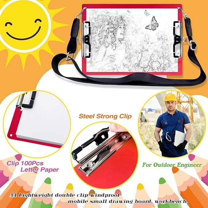 Aluminum Metal Clipboard with Detachable Adjustable Shoulder Strap A4 Double Clip Board Stainless Hangable w/Pen Holder Letter 9" x 12.6" for School Office Business Factory (Red-with Strap, A4)