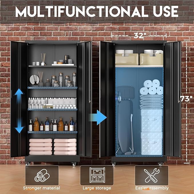 Greenvelly Metal Storage Cabinet with Wheels, 73" H Garage Storage Cabinet with 4 Adjustable Shelves and Locking Doors, Garage Rolling Storage Cabinets for Home, Warehouse, Garage, Black