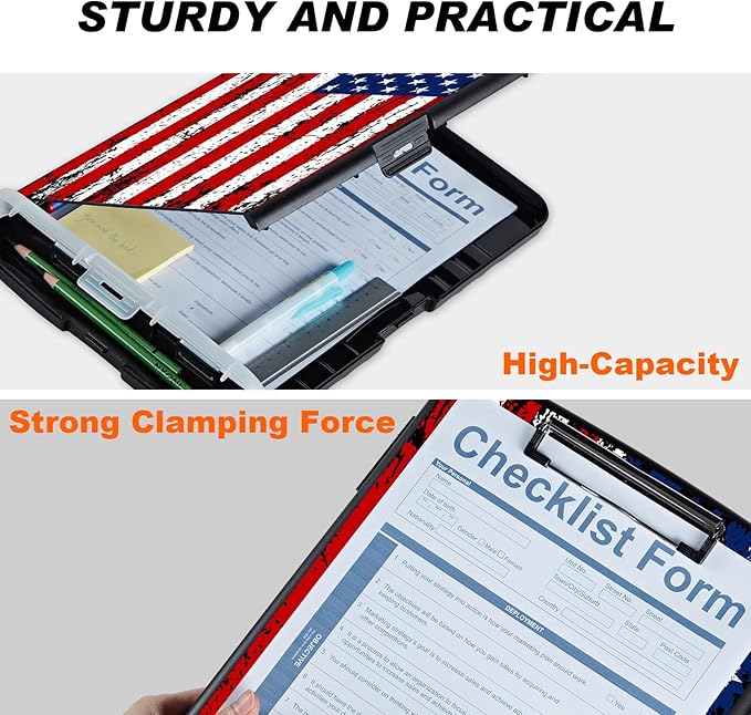 Clipboard with Storage Compartment, 8.5 x 11 Letter Size Side Opening Clip Board with Pen Holder, Hard Portable Clipboard Organizer for Nurse, Teacher, Contractor, Jobsite, American Flag 2