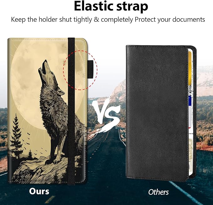 Car Registration and Insurance Holder, Leather Car Glove Box Organizer, Cool Car Accessories for ID, Driver's License Cards & Essential Document,business cards,Men&Women,Howling Wolfs and Moon