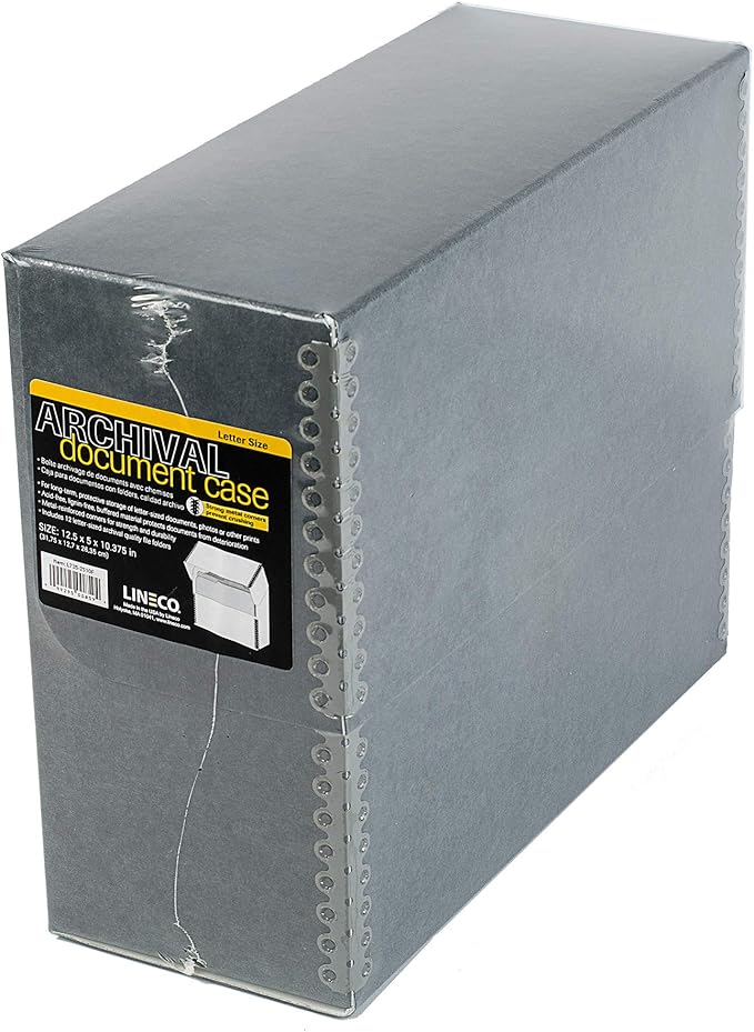 Lineco Archival Document Storage Box with Metal Edge, Acid-Free Gray Boxboard, Organize Files, Prints, Photos, Letter-Sized Case 12.5" x 10.5" x 5" Wide with 12 Folders