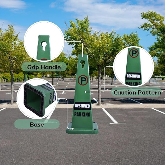 26.5" Caution Cones, 4-Sided Visible Safety Signs with Heavy Rubber Base, Warning for Slip & Fall Prevention, Indoor/Outdoor Use (4, Reserved Parking-Green, 26.5 inch)