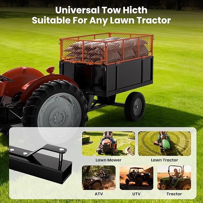 Heavy Duty ATV Dump Cart - Steel Tow Behind Trailer, Garden Cart Trailer, 17 Cu.Ft Capacity & 750 Lbs Steel Dump Trailers, with Foldable Mesh Fence, Yard Garden Trailers for Lawn Mower Tractor