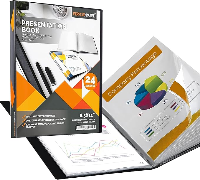 PERFORMORE Presentation Folder, 24 Pocket Presentation Display Book (Black) with Plastic Sleeves, 48 Pages Capacity for 8.5" X 11" Sheet Size Paper, Portfolio and Sheet Protector Binder (2)