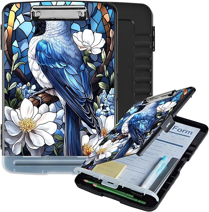 Clipboard with Storage Box & Pen Holder,Heavy Duty Clip Boards 8.5x11 for Nursing,High Capacity,School & Office Supplies,Bluebird Blossom