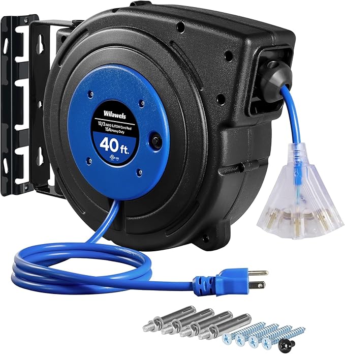 Retractable Extension Cord Reel, 40 FT Heavy Duty Power Cord, 12AWG/3C SJTOW, 3 Grounded Outlets Lighted Triple Tap, 15 Amp Circuit Breaker, UL Listed, Blue U40CR06