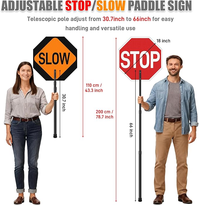 2 Pack Stop Slow Sign 18 x 18 Inches with 66" Telescopic Handle, Double Sided Handheld Stop/Slow Paddle Sign, Adjustable Reflective Aluminum Traffic Signs with Engineer Grade Film for Road Street