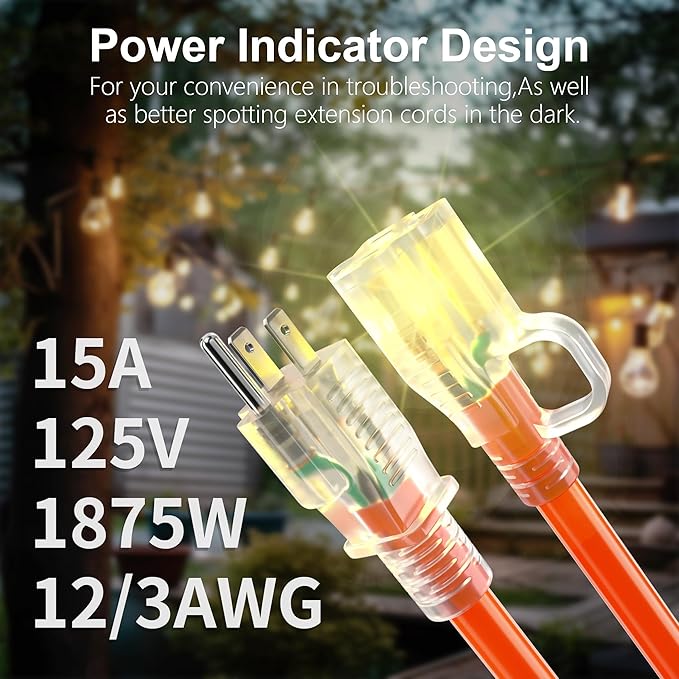 HUANCHAIN 12/3 Gauge 150 ft Outdoor Extension Cord Waterproof Heavy Duty with Lighted end, Flexible Cold-Resistant 3 Prong Electric Cord Outside, 15Amp 1875W 12AWG SJTW, Orange, ETL