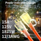 HUANCHAIN 12/3 Gauge 150 ft Outdoor Extension Cord Waterproof Heavy Duty with Lighted end, Flexible Cold-Resistant 3 Prong Electric Cord Outside, 15Amp 1875W 12AWG SJTW, Orange, ETL